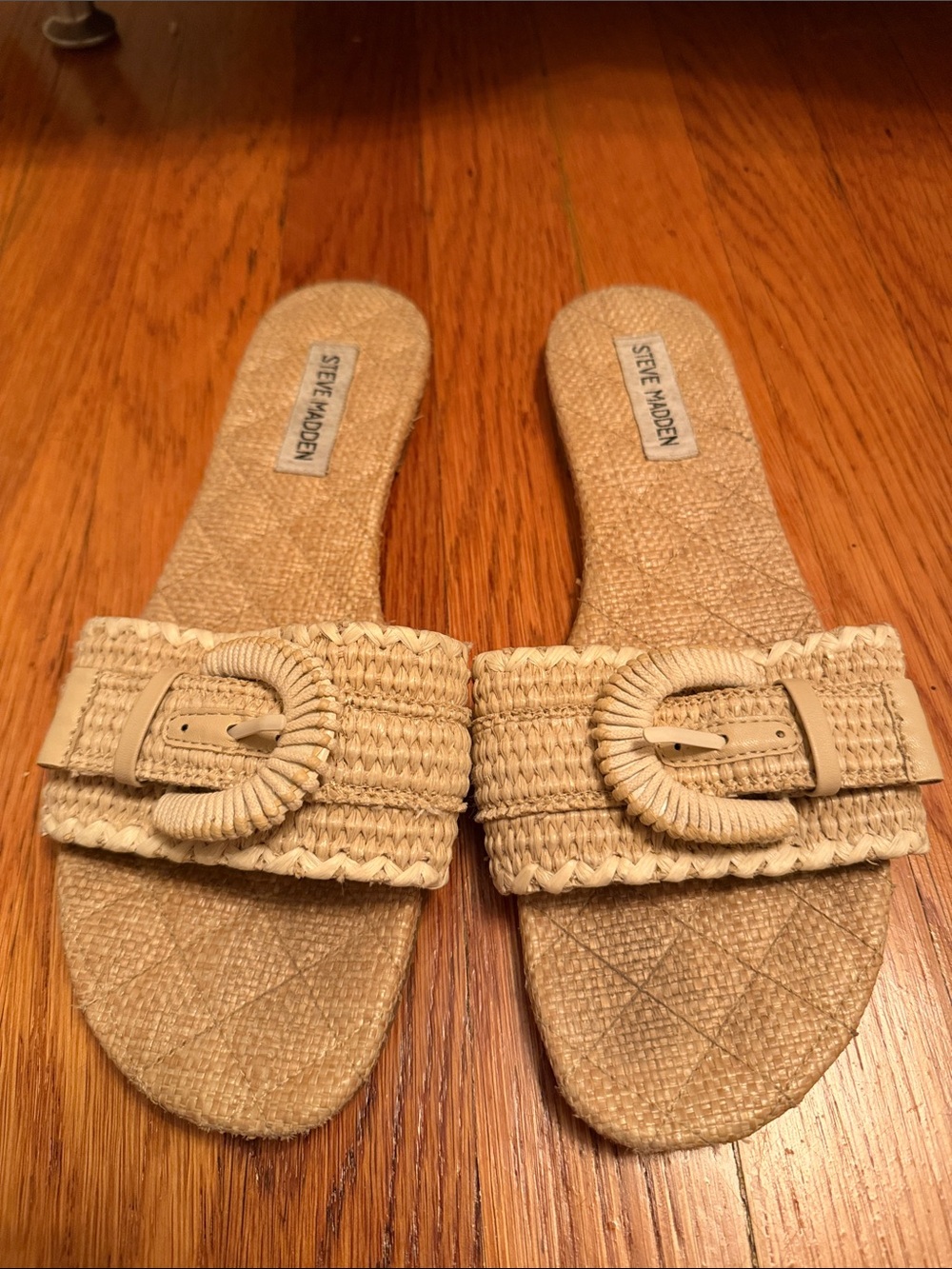 Steve Madden Natural Raffia Buckle Slide Sandals